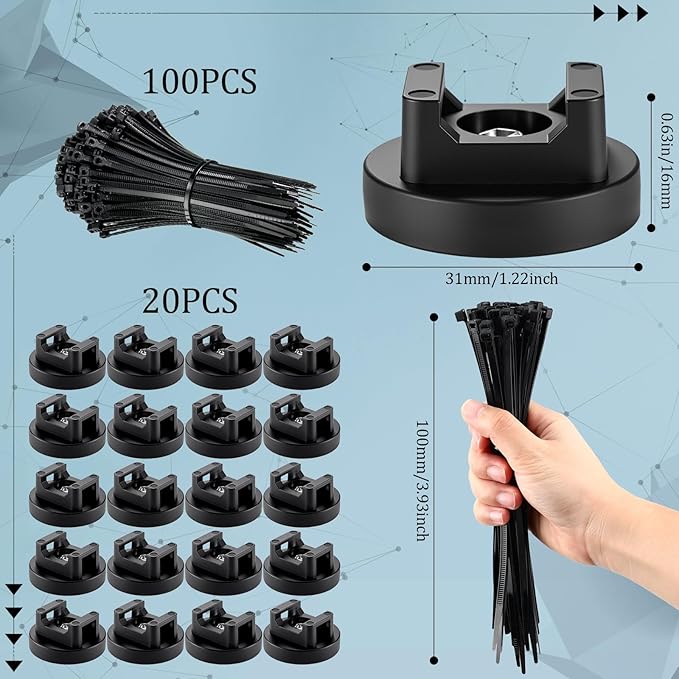 Yookeer 120 Pieces Magnetic Zip Tie Mount Multipurpose Cable Holder Magnets Magnetic Wire Management Bases with Heavy Duty Zip, Mount Nylon Cable Ties in Total (31mm)