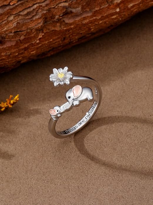 Animal Open Ring 925 Sterling Silver Koala/Panda/Highland Cow/Elephant Adjustable Ring Cute Animal Daisy Jewelry Gifts for Women
