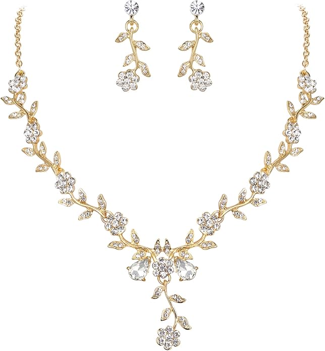 BriLove Women's Wedding Jewelry Leaf Cluster Flower Crystal Dangle Earrings Pendant Necklace Set for Bridal