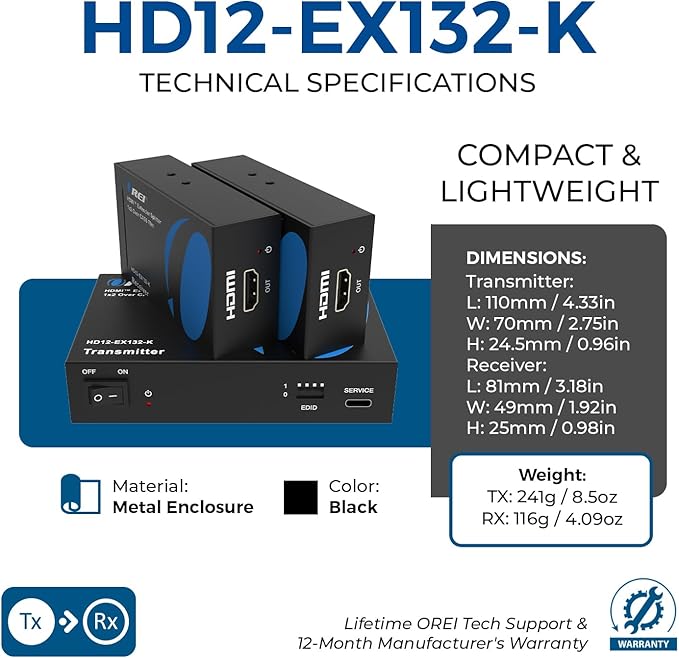 OREI 1X2 HDMI Extender Splitter Over Single CAT6/7 Cable Uncompressed 1080P with EDID - Up to 132 Ft - Loop Out - Low Latency - 1 Input 2 Output 2 Channel Transmission