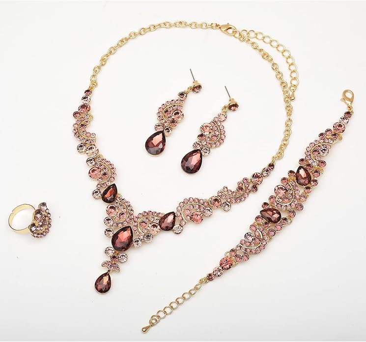 CSY Elegant Crystal Necklace Earrings Bracelet Ring Bridal Wedding Party Costume Jewelry Sets for Brides Women