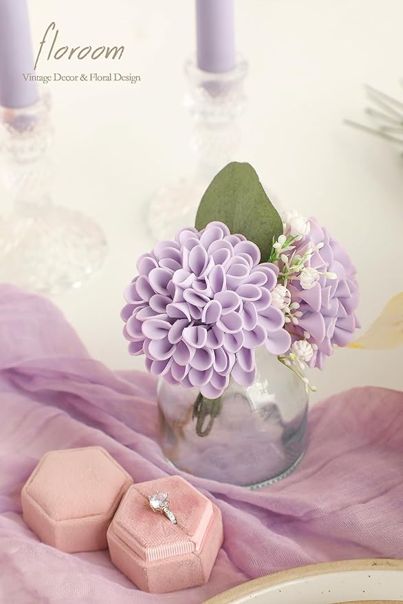 Floroom Artificial Dahlia Flowers 25pcs Real Looking Lilac Foam Fake Roses with Stems for DIY Wedding Bouquets Bridal Shower Centerpieces Floral Arrangements Party Tables Home Decoration