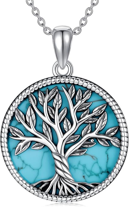 Genuine Turquoise Tree of Life Necklace Sterling Silver Boho Natural Gemstone Necklace for Women
