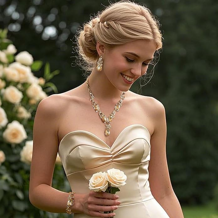 BriLove Wedding Bridal Jewelry for Women Multi Teardrop Cluster Crystal Statement Necklace Dangle Earrings Link Bracelet Set
