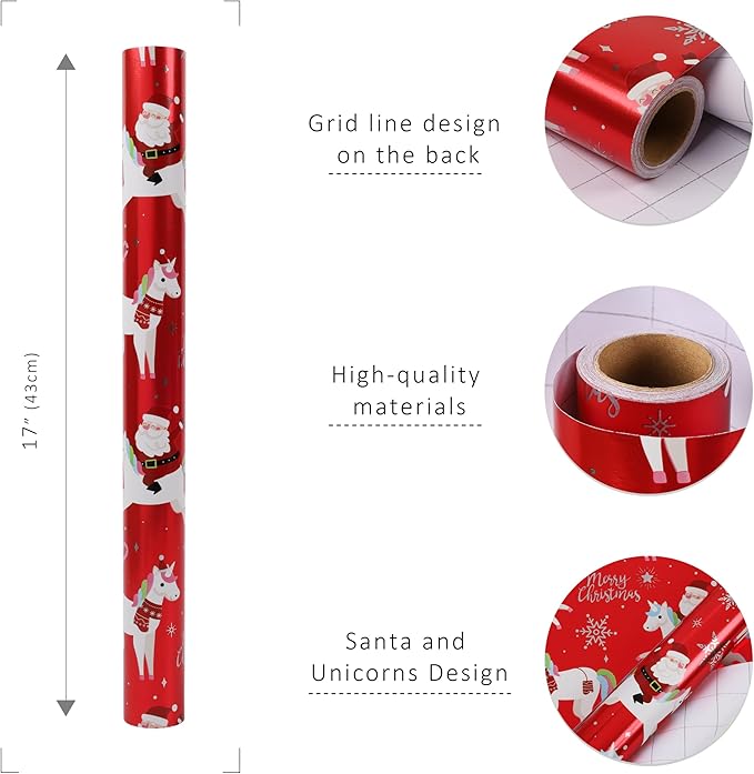 LaRibbons Christmas Foil Wrapping Paper Roll, Classic Santa Unicorn Rainbow Design Gift Wrap Paper for Kids, Christmas, Season Party, Holiday, 17 Inch X 33 Feet