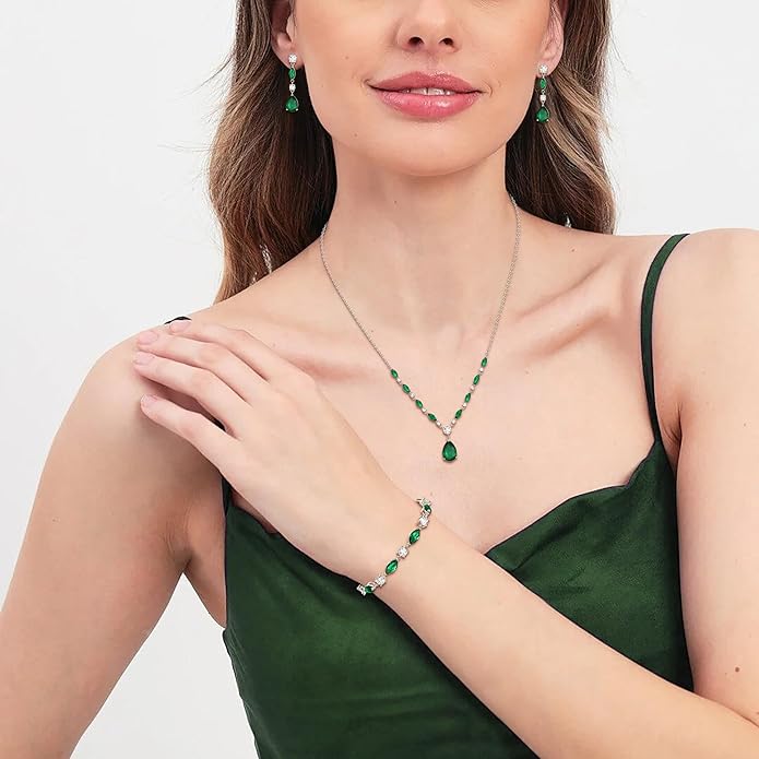 Crysdue Teardrop Bridal Jewelry Set for Wedding Party, Silver/14K/Rose Gold Plated Prom Costume Jewellery for Bride Bridesmaids Women, Cubic Zirconia Necklace Dangle Earrings Bracelet