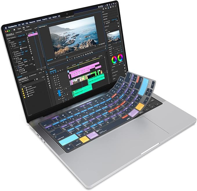 JCPal Adobe Premiere Pro Shortcut Guide Keyboard Cover for Apple MacBook Pro 14 inch and MacBook Pro 16 inch (M1-M4 Models) and MacBook Air 13 inch and MacBook Air 15 inch (M2-M4 Models) (US-Layout)