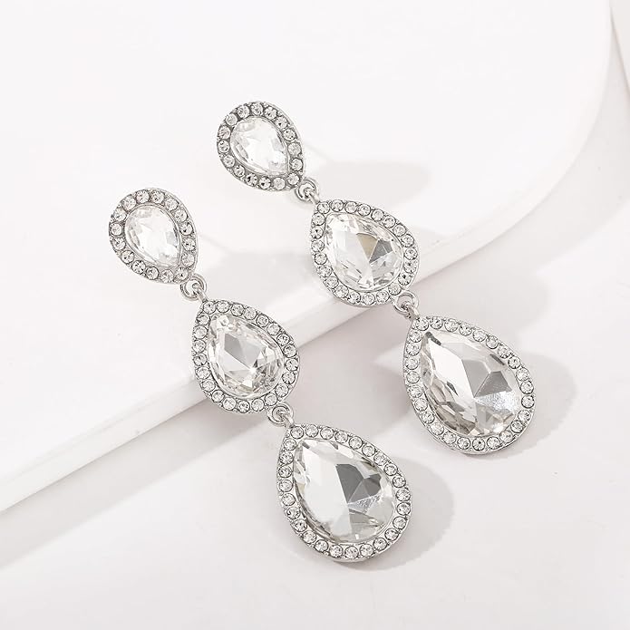 Vintage Rhinestone Teardrop Dangle Earrings Long Dangling Drop Earrings Crystal Chandelier Earrings for Women Wedding Bridal Prom