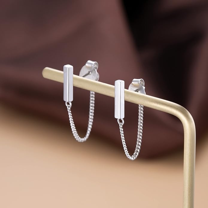 Reffeer Solid 925 Sterling Silver Stud Earrings Minimalist Bar Earrings with Chain Dangle Earrings For Women