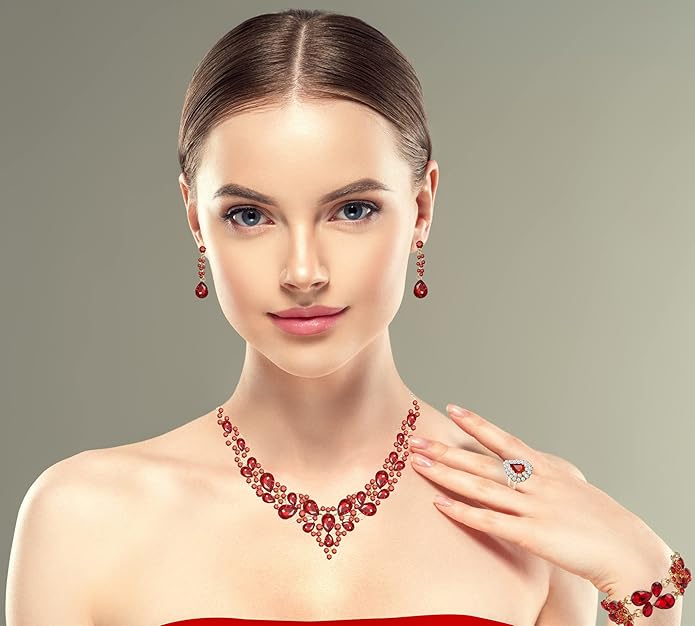 Crystal Bridal Wedding Jewelry Sets for Women Rhinestone Teardrop Crystal Statement Choker Necklace Drop Earrings Link Bracelets Rings Teardrop Jewelry Set for Brides Bridesmaids
