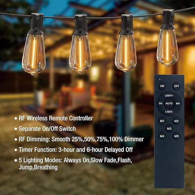 litogo LED Outdoor String Lights with Remote, 232ft (116x2) Waterproof Patio Lights with Shatterproof ST38 Edison Bulbs, Dimmable Outside Hanging Light for Porch, Garden, Party, Bistro, Gazebos