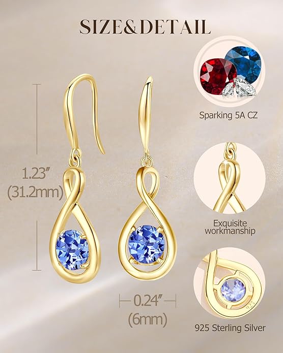 FANCIME Valentines Day Gift Dangle Drop Earrings 925 Sterling Silver Dainty Infinity Round Gemstone Birthstone Jewelry Birthday Gifts for Her Women