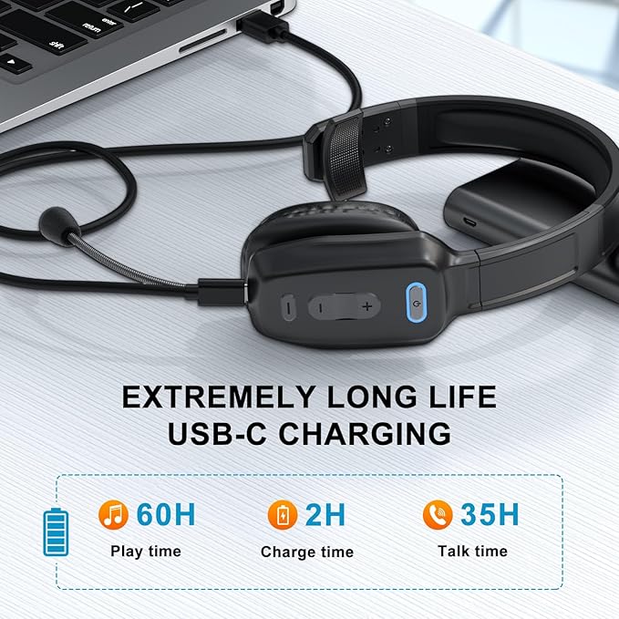 Bluetooth Headset, 60hrs Noise Canceling V5.2 Over Head Headphones, Single Ear Trucker Wireless Headset with Mic, Mute Button, Multipoint, for Phones PC Computer Truck Driver Office Work - Black