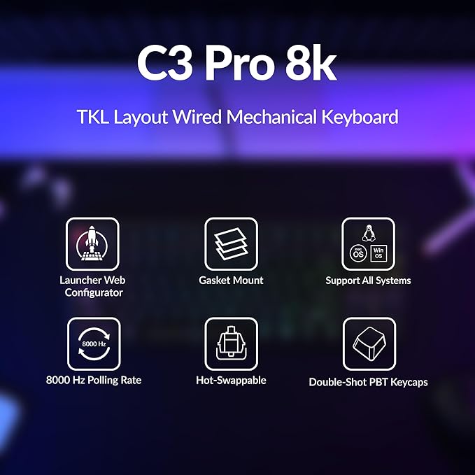Keychron C3 Pro TKL 80% Wired Mechanical Keyboard, 8K Polling Rate, QMK/VIA Programmable, Hot-Swappable, RGB Backlit Shine-Through Keycaps, Super Brown Switch, for Windows/Mac
