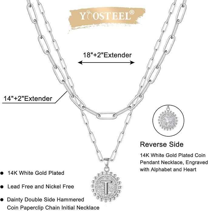 Yoosteel Valentines Gifts for Women Her - Gold Layered Initial Necklaces for Women 14K Gold Plated Dainty Layering Paperclip Link Chain Necklace Coin Initial Necklace Birthday Gifts for Teen Girls