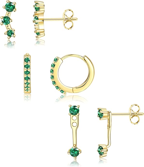 FIASASO 3 Pairs 925 Sterling Silver Hypoallergenic Earrings for Women Trendy - 14K Gold Plated Stud Hoop Cartilage Earrings Set Small Earring Stacks for Sensitive Ears Non Tarnish Dainty Silver Earring