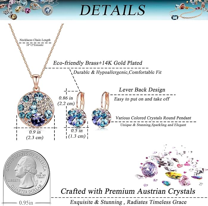 EVEVIC Austrian Crystals Round Disc Pendant Necklace Earrings for Women 14K Gold Plated Hypoallergenic Jewelry Sets