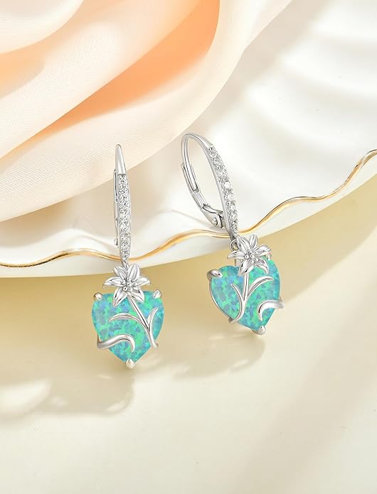 YL Heart Dangle Earrings for Women Sterling Silver Lily Flower Leverback Earrings Created Opal Flower Jewelry