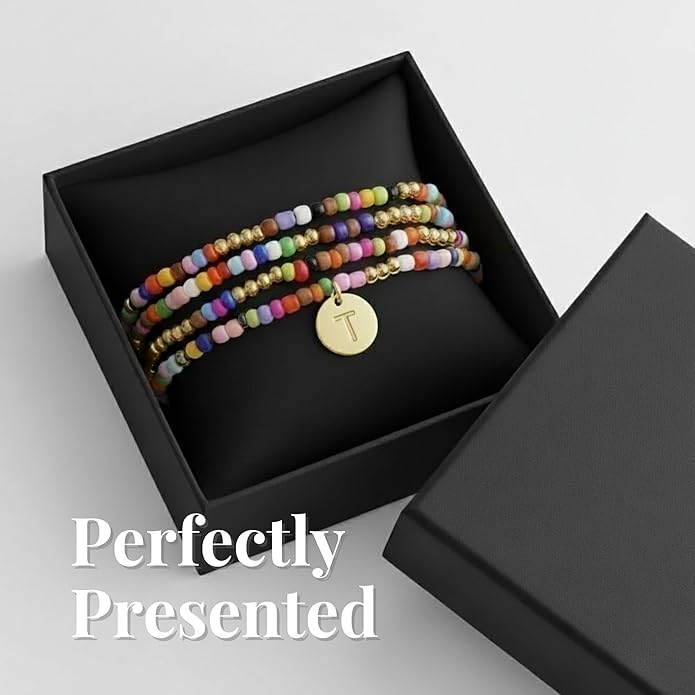Set of 4 Colorful Bead Initial Bracelets, Personalized Stackable Jewelry, Adjustable Stretchy Charm Bracelets for Women, Beaded Bracelet Set, Trendy Custom Jewelry Gift
