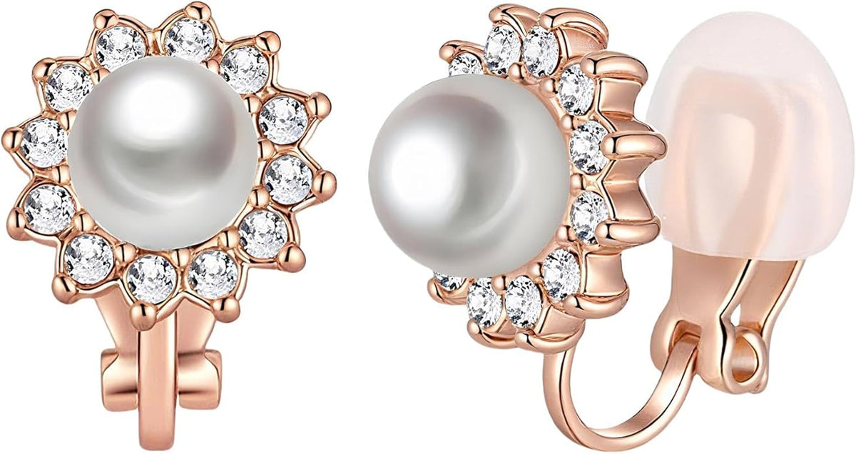 EVEVIC Austrian Crystal Pearl Clip On Earrings for Women Non Pierced Earings 14K Gold Plated Hypoallergenic Jewelry
