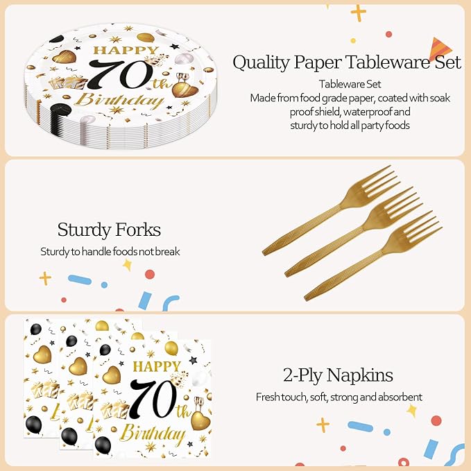 75PCS 70th Birthday Plates and Napkins Party Decorations, 7 Inch White and Gold Happy Birthday Paper Plates and Napkins Disposable Tableware Set 70 Year Old Birthday's Party Decor for Women Men