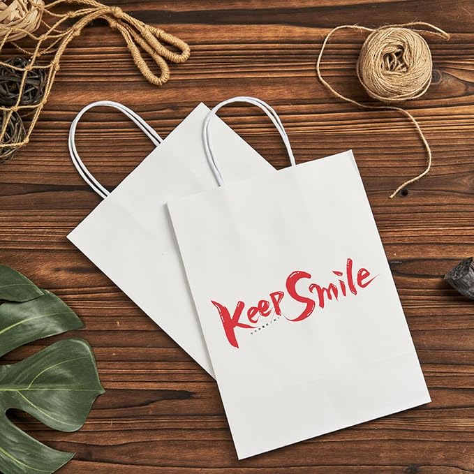 METAPRINT Kraft Paper Gift Bags with Handles in Bulk, 100pcs White Paper Bags 8x4.5x10.8 inch, Recyclable Shopping Bags for Retail, Grocery, Party Favors, Wedding