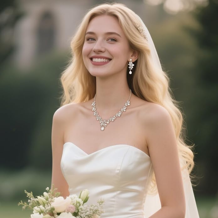 BriLove Women's Wedding Jewelery Set Leaf Flower Crystal Teardrop Marquise Cluster Pendant Necklace Dangle Earrings for Bridal Party