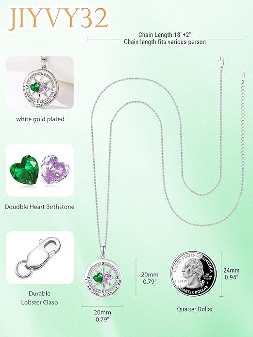 Compass Necklace for Women, Exquisite S925 Valentines Day Anniversary Birthday Gifts for Wife Her Double Birthstone Pendant Jewelry ‘I'd be Lost Without You’