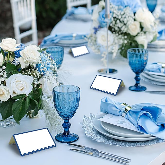 150 PCS Blue Scalloped Place Cards 2 x 3.5 Inch Blank Tented Place Card Name Cardstock Seat Assignment Label Card Reserved Table Signs Seating Signs for Birthday Party Wedding Setting
