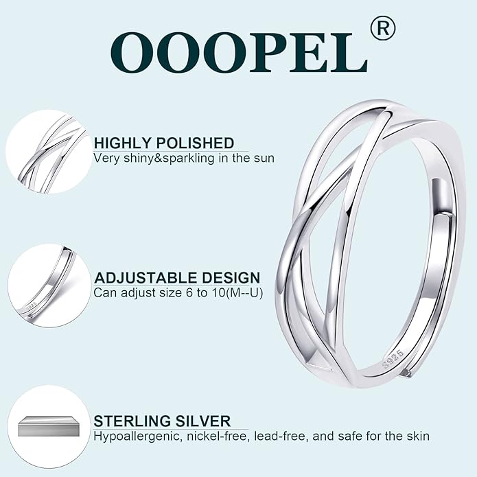 OOOPEL Sterling Silver Adjustable Ring S925 Silver Rings for Women Cubic Zirconia Twist Love Knot Dainty Ring Silver Minimalist Open Finger Rings Silver Thumb Sterling Silver Ring