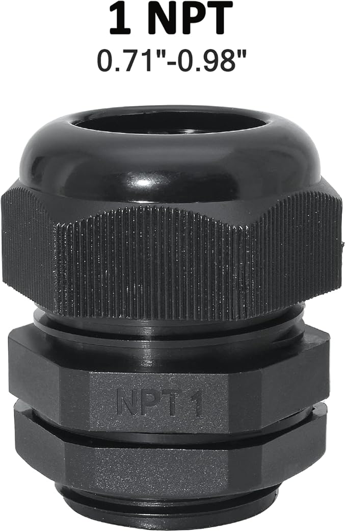 1" NPT Nylon Cable Glands, IP68 Waterproof Adjustable Cord Grip Cable Connector Strain Relief Wire Protectors for 18-25mm Cable Diameter, 2 Pcs, Black