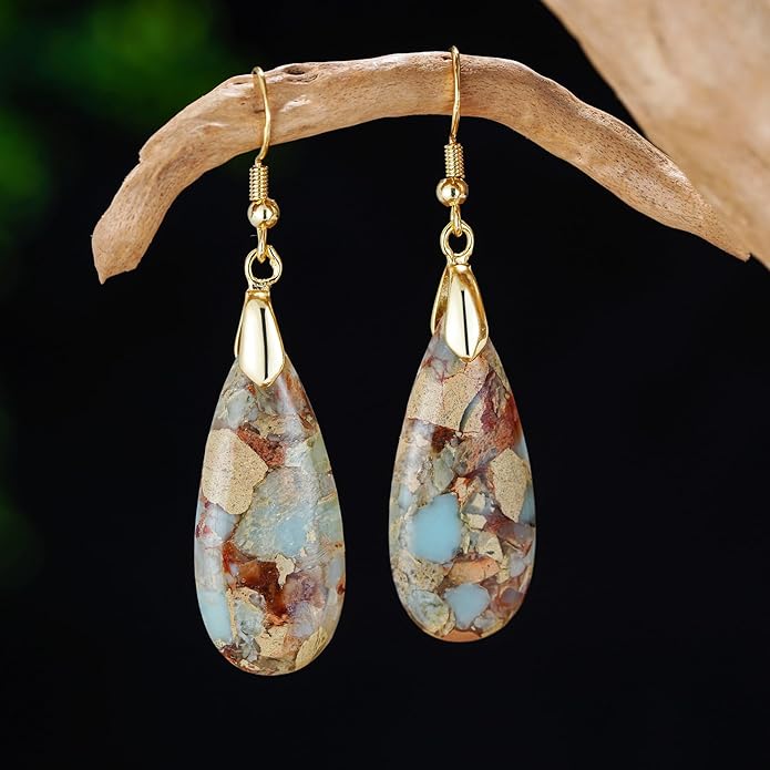 Boho Women Natural Stone Earrings Unique Healing Imperial Jasper Gemstone Energy Hypoallergenic Lightweight Dangle Drop Earrings Multiple Styles Earrings Jewelry for Birthday Party Gift