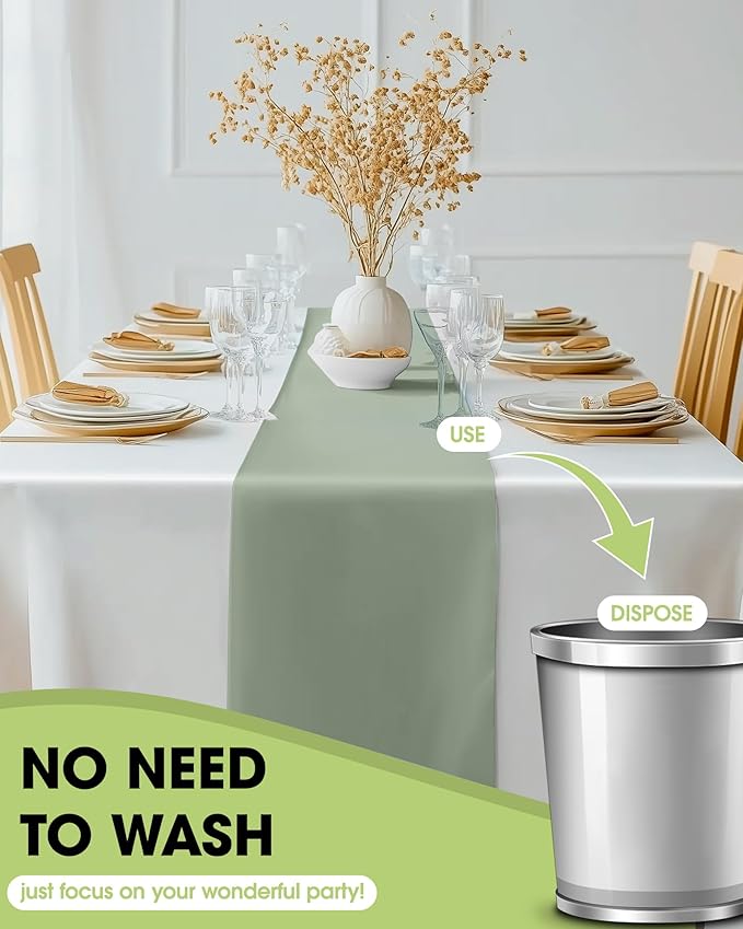 Pureegg Sage Green Plastic Table Runners - 12 Pack, 14'' x 108'', Water Resistant & Disposable Centerpiece Decorations for Table Cloth, Wedding, Birthday, Holiday, Baby Shower, Party, Home Decor