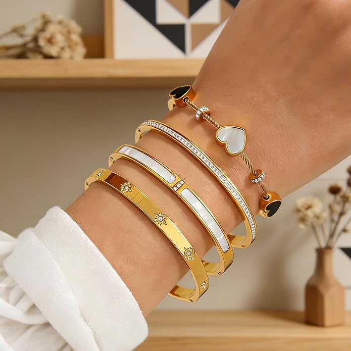 ZhiRui Women's 18K Gold Plated Stackable Bracelet Set - Waterproof Mother of Pearl Heart Cubic Zirconia Jewelry Gifts for Women