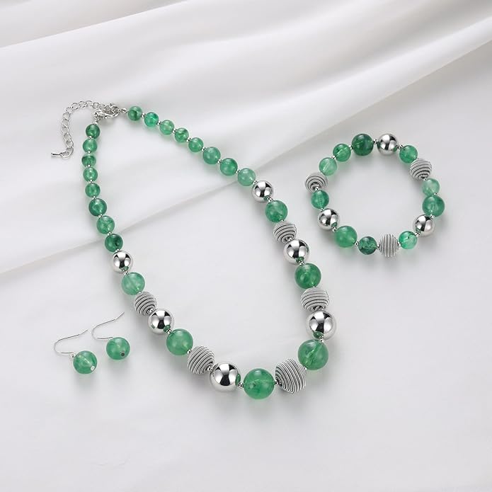 PEARL&CLUB Beaded Chunky Statement Necklace Earring and Bracelet Set Silver Metal Bead Fashion Jewelry Set Mothers’ Day Gifts for Women