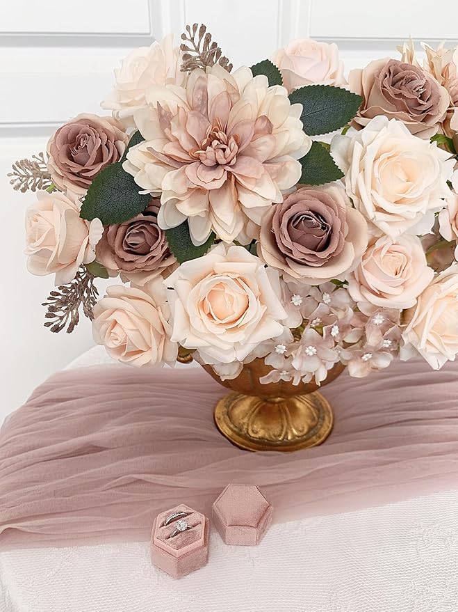Roses Artificial Flowers Bouquets Box Set for DIY Bridal Wedding Shower Decorations Centerpieces for Table Fake Floral Arrangement for Party Home Decor Indoor Taupe Beige