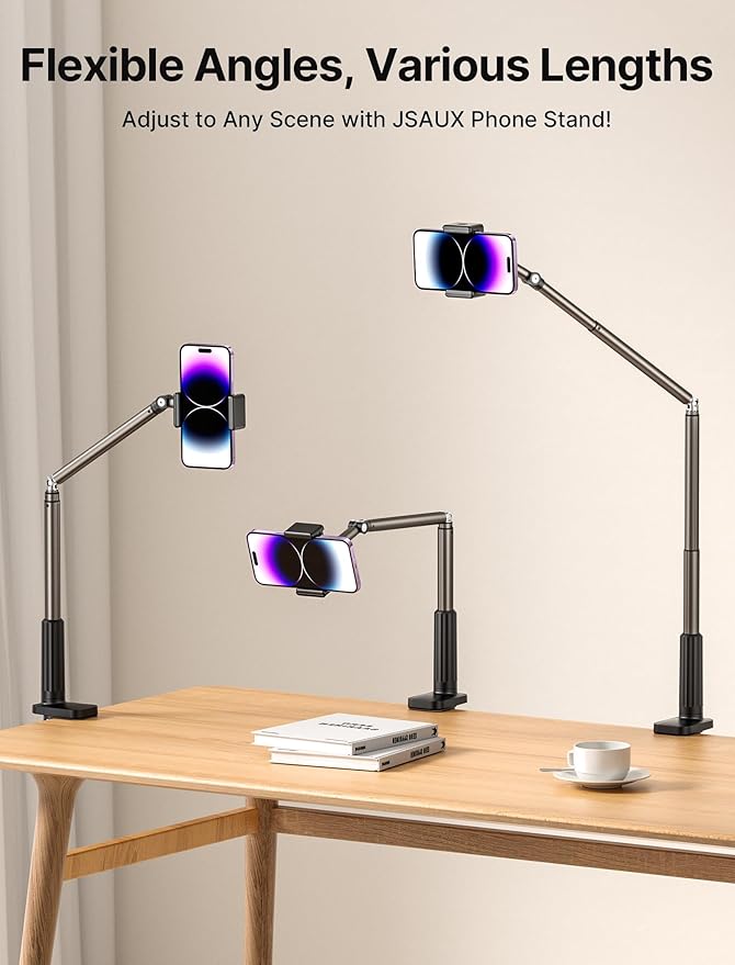 JSAUX Phone Holder for Desk and Bed Compatible with iPhone 16 15 14 13 12 Overhead Phone Mount Gooseneck Phone Stand Flexible 360 Lazy Long Arm Clamp Clip for Table Bedside [1-Pack, Black]