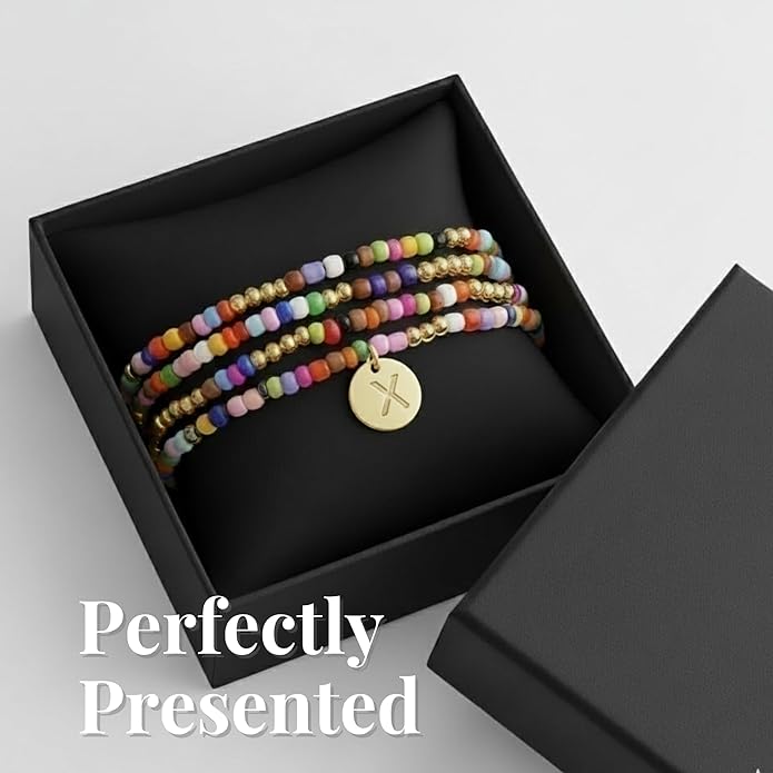 Set of 4 Colorful Bead Initial Bracelets, Personalized Stackable Jewelry, Adjustable Stretchy Charm Bracelets for Women, Beaded Bracelet Set, Trendy Custom Jewelry Gift