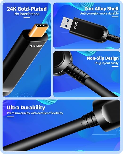 Fiber Optic USB A to USB C Cable(33ft),High Speed 10Gbps USB 3.2 Gen2 Active Optical Cable for VR, Webcam, Laptop,Camera,Projector etc,Grey