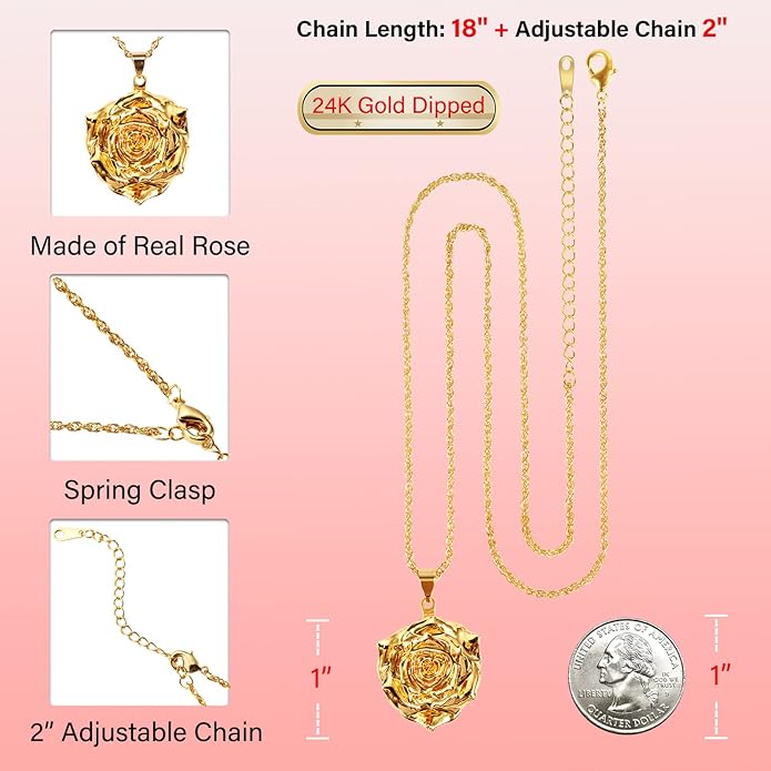 AliveRose Real Rose Gold Dipped Necklace Gifts for Women, 24K Gold Dipped Rose Pendant Necklace Jewelry Mothers Day Anniversaries Birthday Christmas Special Occasions Gifts for Her Mom Wife