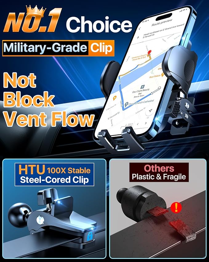 HTU 2025 Best Car Phone Holder 【Ultimate 5-in-1 & Upgraded 100+LBS Strongest Suction】【True Military-Grade & Safety Cert】 360° Windshield Dashboard Vent Mount for iPhone Android & Truck, Deep Black