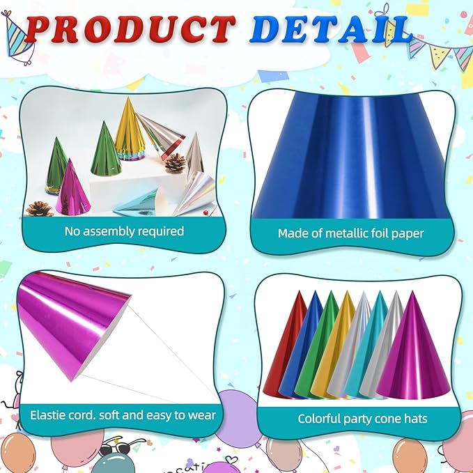 40/80 Pcs Metallic Cone Birthday Party Hats Bulk with Elastic String, 8 Colorful Celebration Headwear for Kids Adults