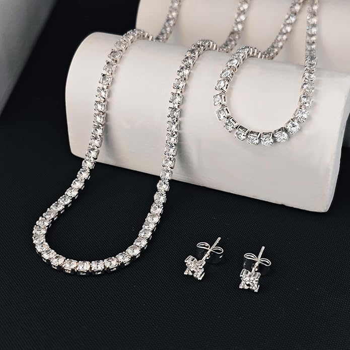 Tennis Necklace Bracelet for Women, Dainty Sterling Sliver Choker Necklace Crystal Link Bracelet Stud Earrings for Women Wedding Jewelry for Bride Jewelry Set Accessories