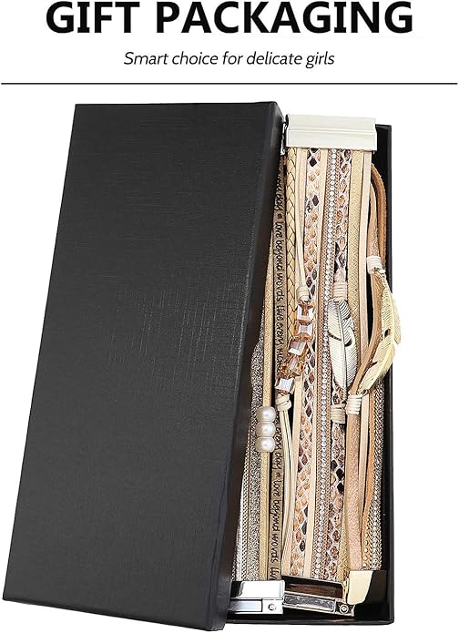 Wowanoo 3Pack Leather Cuff Bracelet Set Multilayer Wrap Bracelet Crystal Feather Tree Bracelet Magnetic Clasp Bracelet for Women