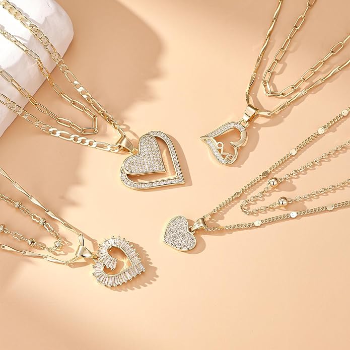 Heart Necklaces for Women 14K Gold Plated Layered Necklace Set with Cubic Zirconia Heart Pendant, Dainty Stackable Choker Chain, Gift for Her