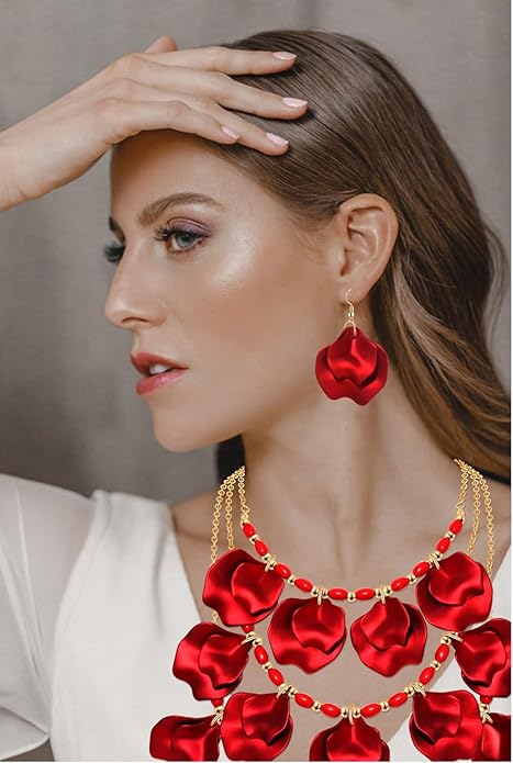 Flower Petal Necklace Earrings Set Layered Statement Beaded Jewelry Set for Women Summer Necklace Earrings