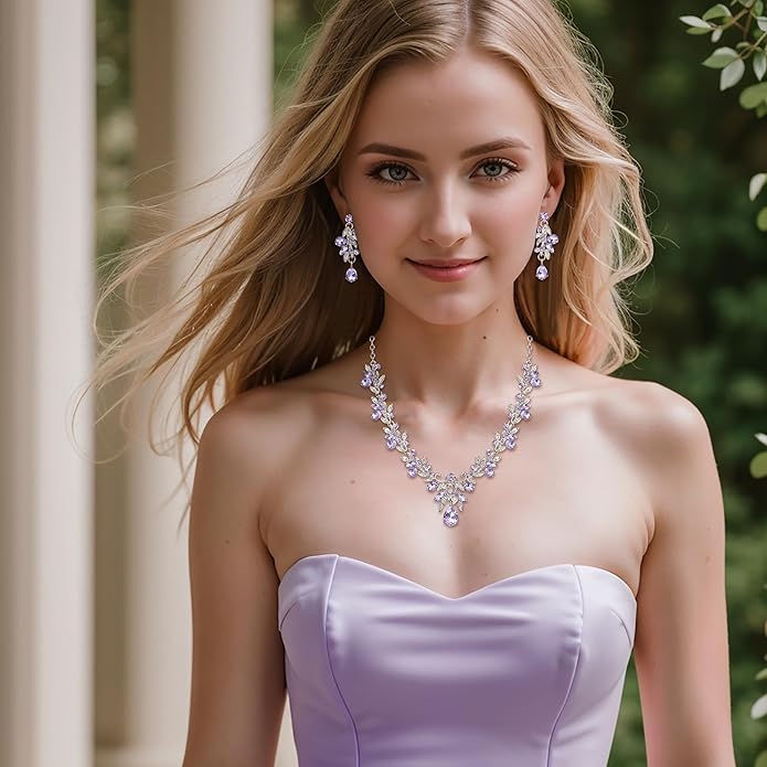 BriLove Women's Wedding Jewelery Set Leaf Flower Crystal Teardrop Marquise Cluster Pendant Necklace Dangle Earrings for Bridal Party