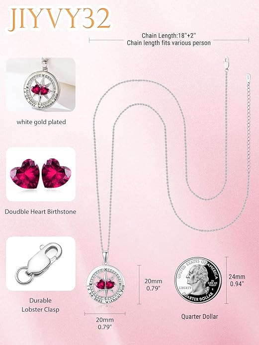 Compass Necklace for Women, Exquisite S925 Valentines Day Anniversary Birthday Gifts for Wife Her Double Birthstone Pendant Jewelry ‘I'd be Lost Without You’