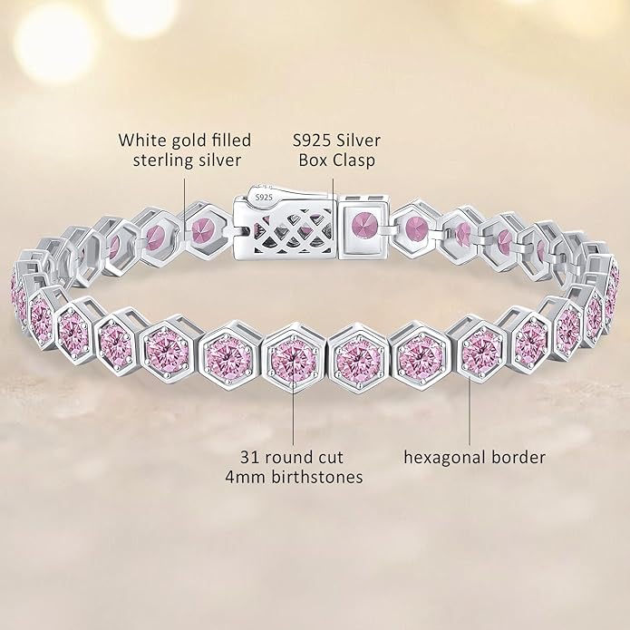 Birthstone Tennis Bracelets for Women Birthday Gifts 925 Sterling Silver Hexagon White Gold Bracelets Round Cut 5A Cubic Zirconia Prong Setting 7 Inch Anniversary Jewelry Gift