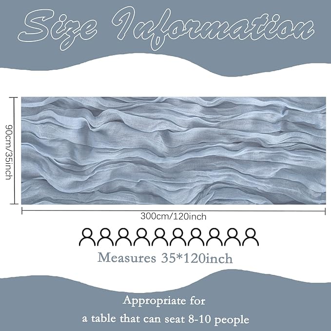 12 Pack Dusty Blue Cheesecloth Table Runner 10FT Boho Gauze Fabric Table Runner 35 x 120 Inch Rustic Sheer Runner for Centerpiece Wedding Decor Party Boho Table Decoration（Dusty Blue）